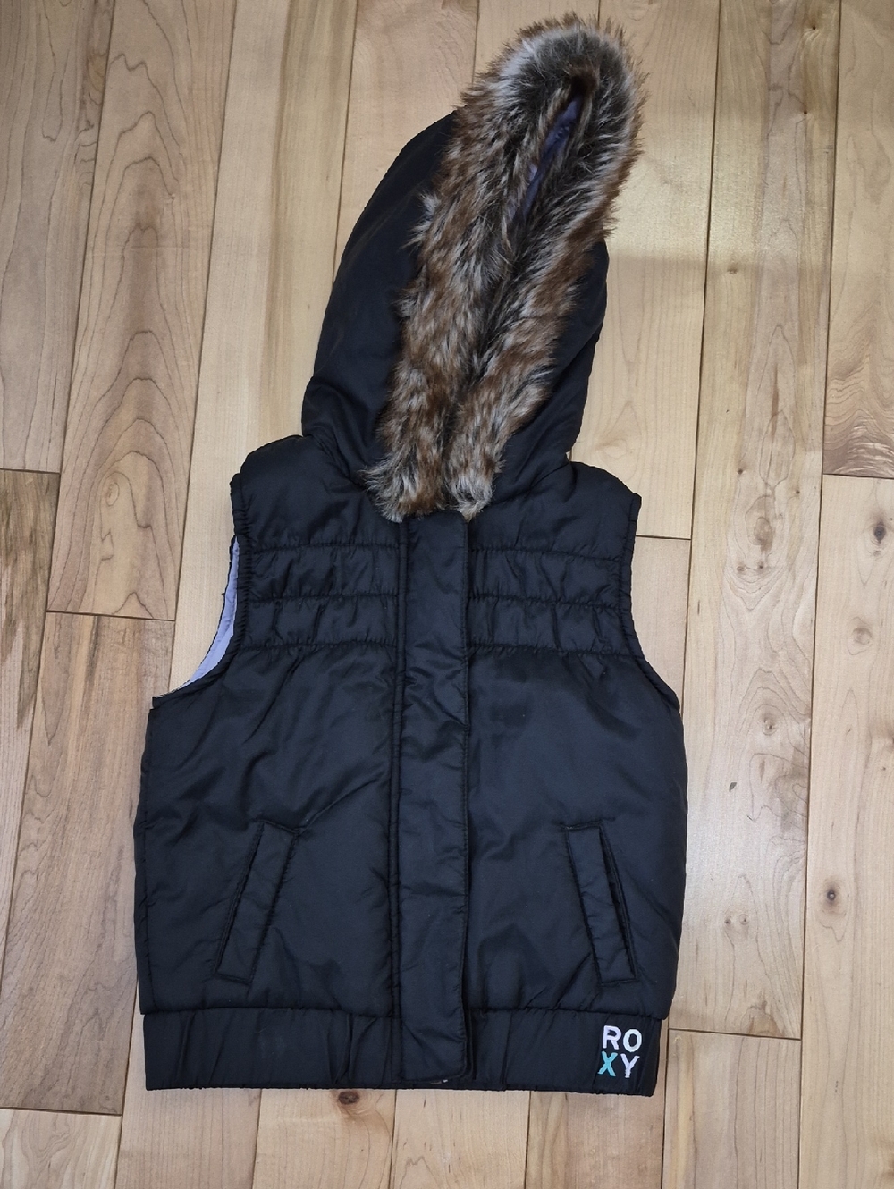 Girls Size 5 Roxy Black Puffer Vest with Faux Fur Trimmed Hood